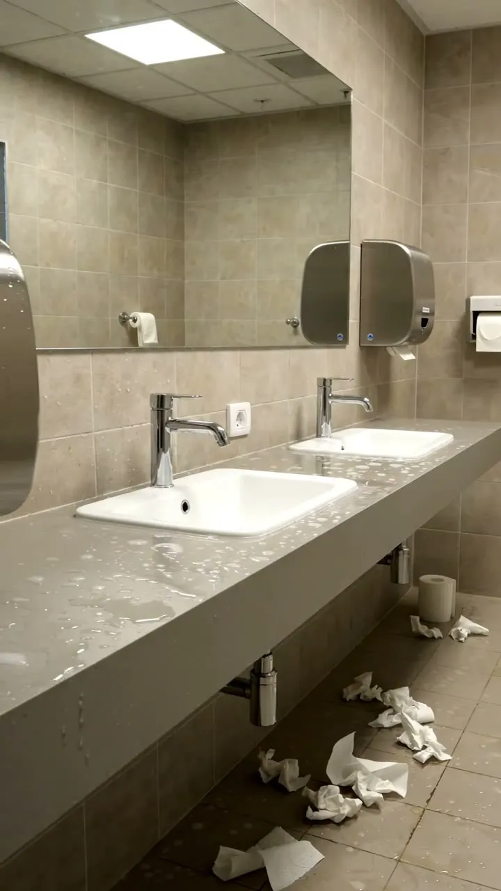 A washroom counter with water on it and paper towels on the floor below the basins