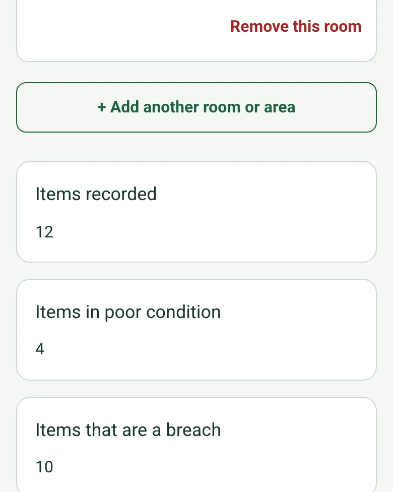 The completed schedule of dilapidations on a phone: Items recorded 12, Items in poor condition 4 and Items that are a breach 10, worked out