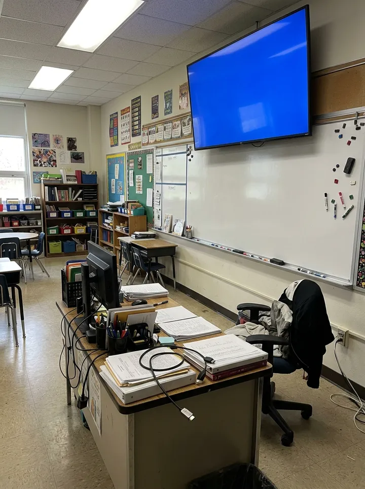 A classroom display showing a plain blue screen with no picture above a whiteboard