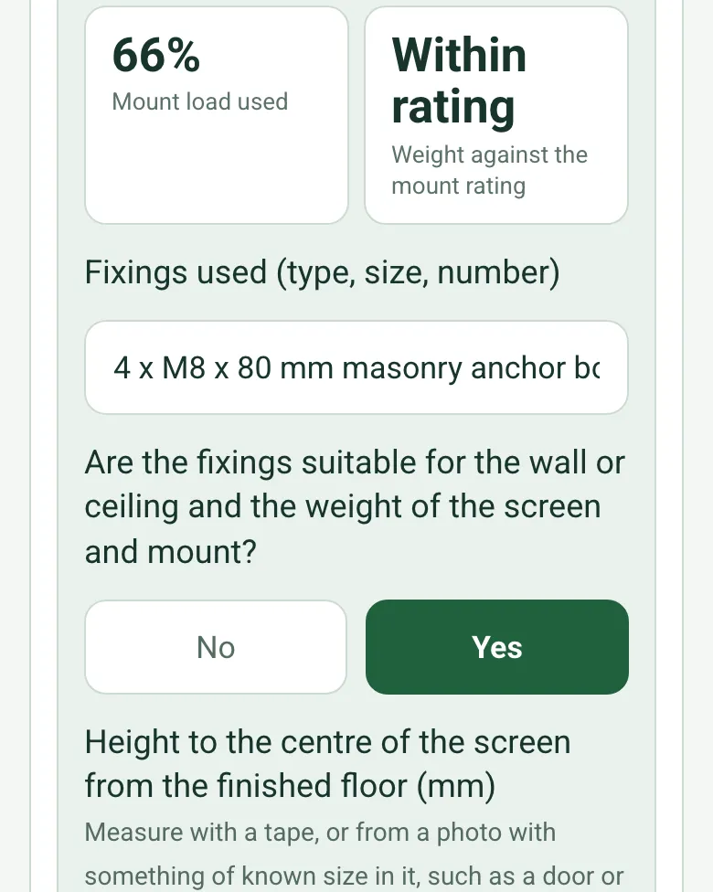 Mount load used 66% and Within rating for a 33 kg screen and mount on a mount rated for 50 kg