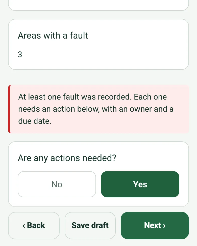 The completed fire safety check on a phone: Areas with a fault 3, worked out, and a red note that each fault needs an action with an owner and a due date