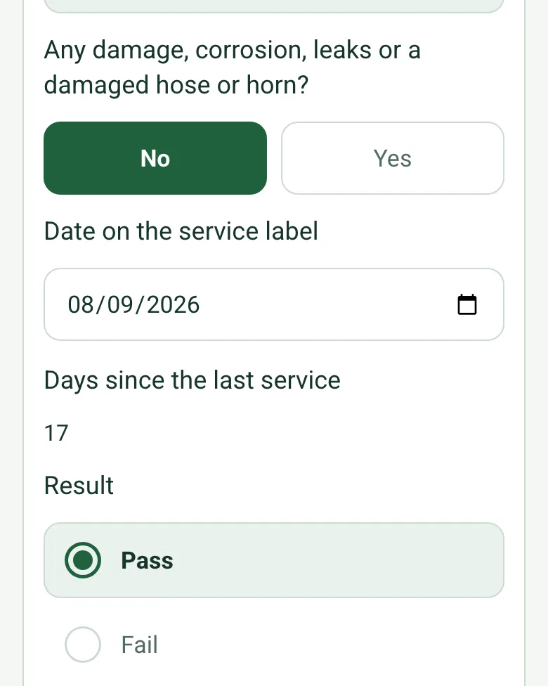 An extinguisher row in the completed fire safety check on a phone: the date on the service label, 08/09/2026, and Days since the last service 17, worked out