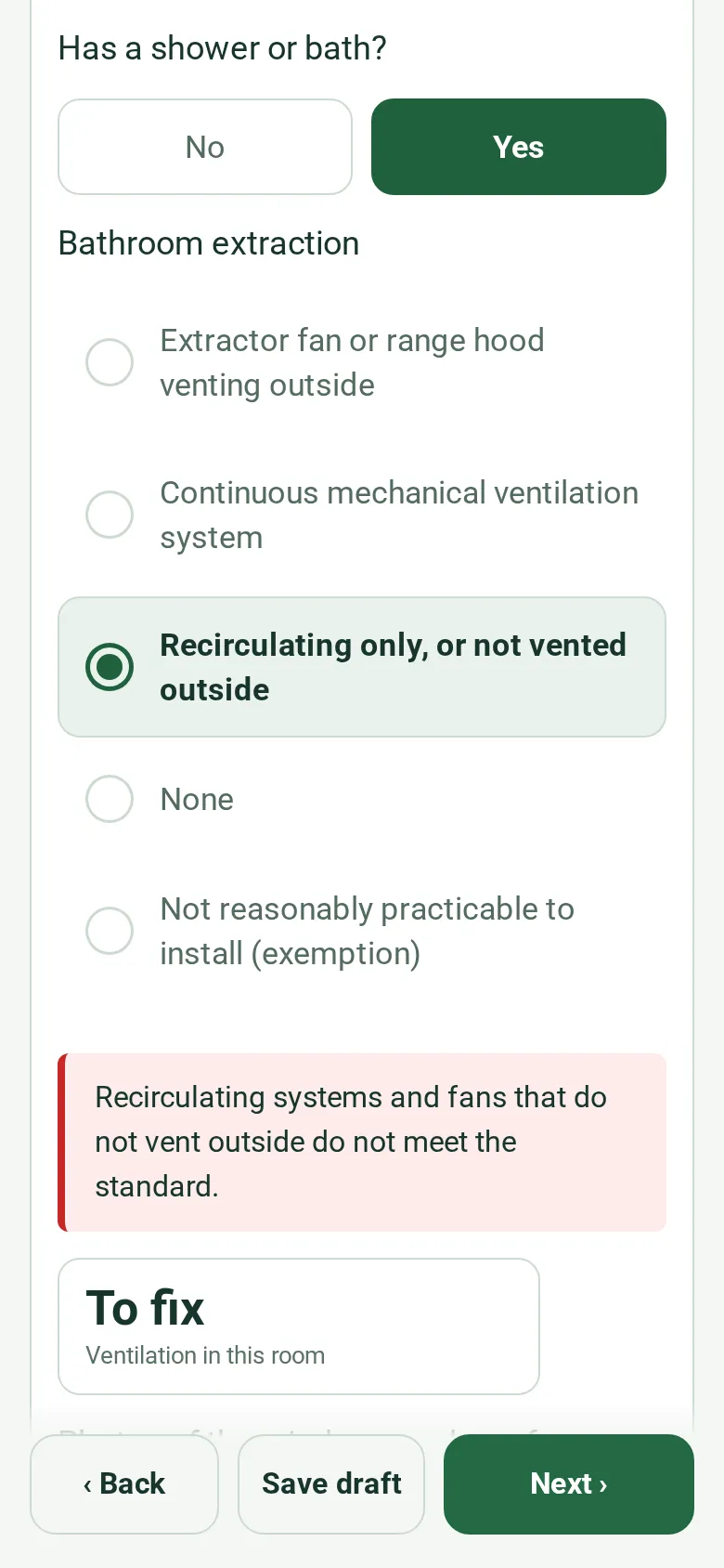 The bathroom in the ventilation page on a phone: has a shower or bath Yes, bathroom extraction Recirculating only, or not vented outside, and a red note that recirculating systems and fans that do not vent outside do not meet the standard