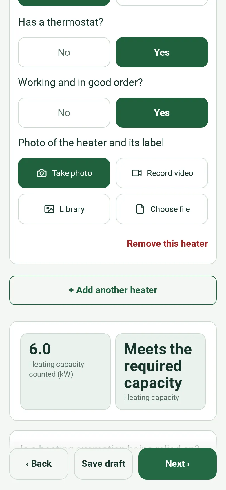 The heating page of the completed healthy homes assessment on a phone: a heat pump with a thermostat, working, then Heating capacity counted 6.0 kW and the result Meets the required capacity