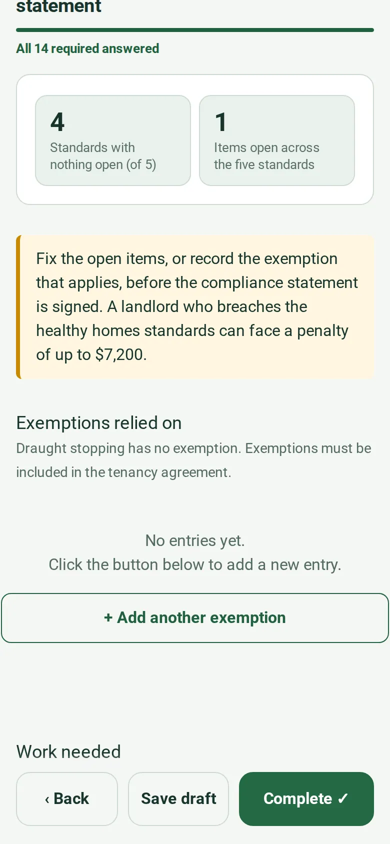 The summary page on a phone: 4 standards with nothing open of 5, 1 item open across the five standards, and an amber note to fix the open items or record the exemption before the compliance statement is signed