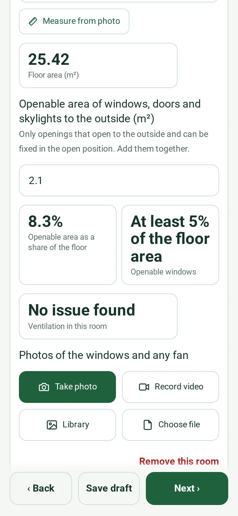 A room in the ventilation page on a phone: floor area 25.42 m², openable area 2.1 m², 8.3% of the floor and the result At least 5% of the floor area, ventilation in this room No issue found