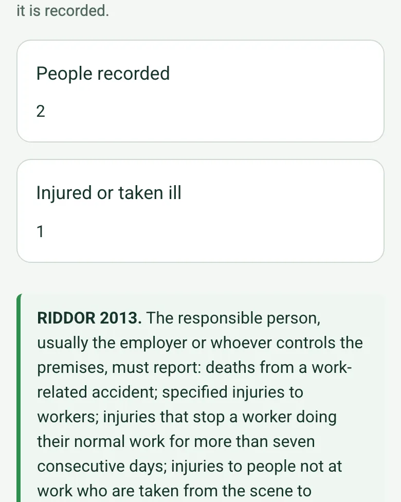The completed incident report on a phone: People recorded 2 and Injured or taken ill 1, worked out, above a RIDDOR 2013 guidance note