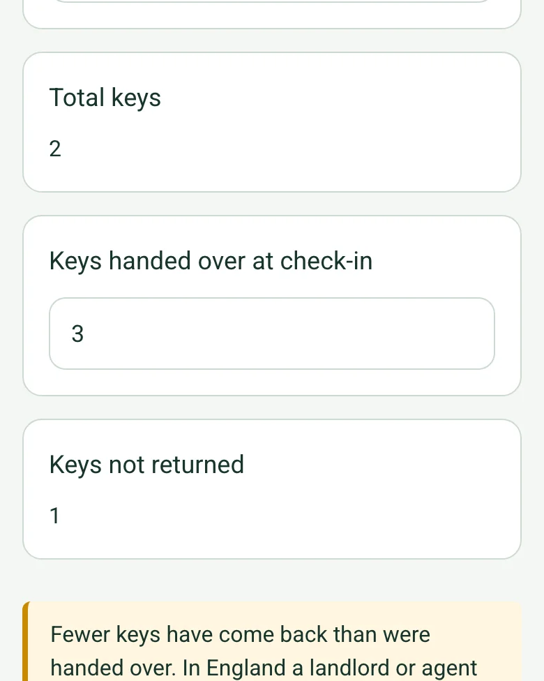 The keys section of a completed check-out on a phone: Total keys 2, Keys handed over at check-in 3 and Keys not returned 1, worked out, with a note to the tenant