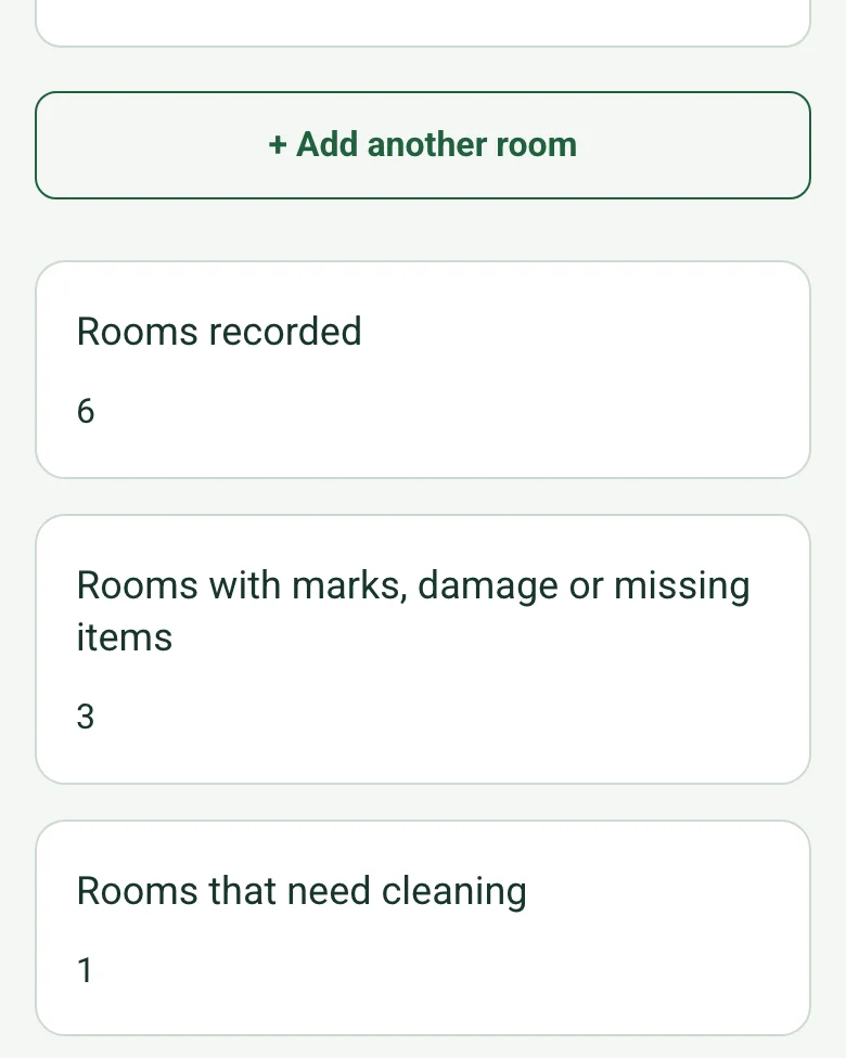 The completed check-out on a phone: Rooms recorded 6, Rooms with marks, damage or missing items 3 and Rooms that need cleaning 1, worked out