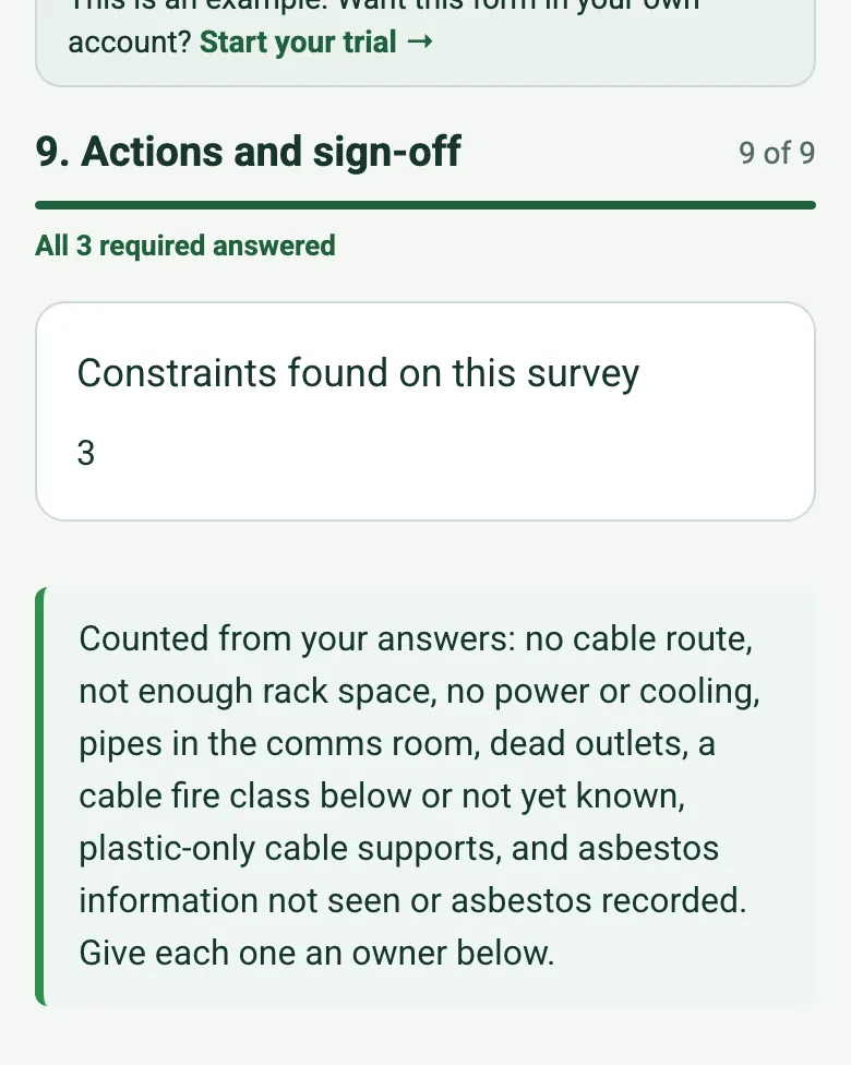 The completed IT survey on a phone: Constraints found on this survey 3, and a note listing what is counted