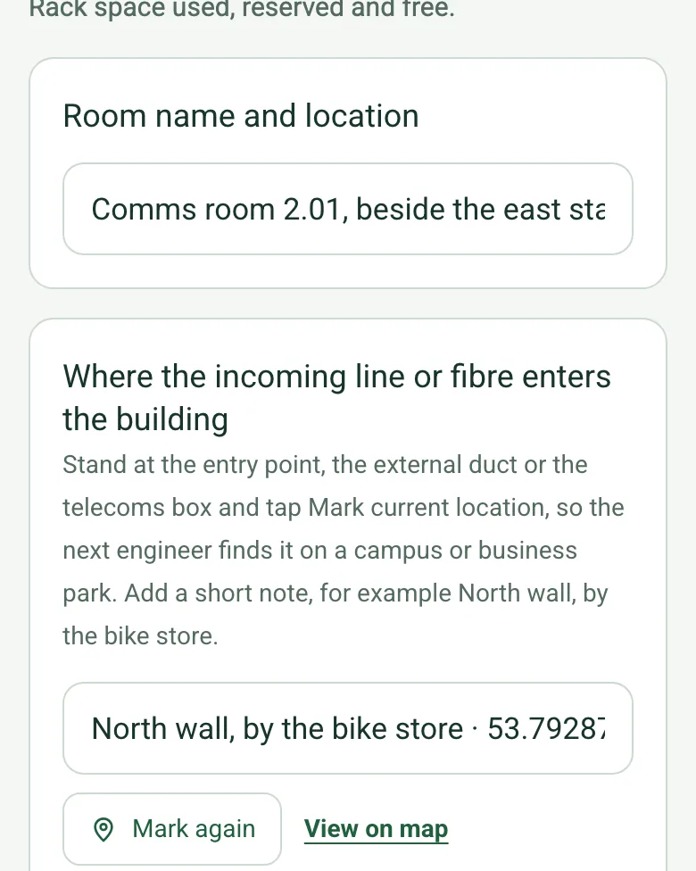 The completed IT survey on a phone: Where the incoming line or fibre enters the building, filled with North wall, by the bike store and coordinates, with View on map