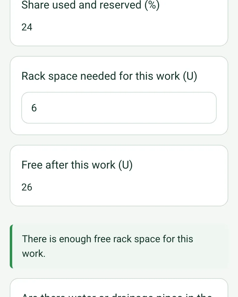Rack space in the completed IT survey on a phone: share used and reserved 24%, rack space needed 6 U, free after this work 26 U, and a note that there is enough space