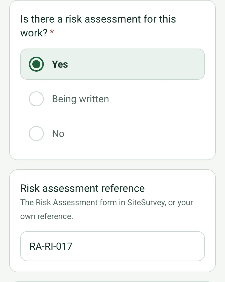 The completed method statement on a phone: Is there a risk assessment for this work? Yes, with the reference RA-RI-017 and its date