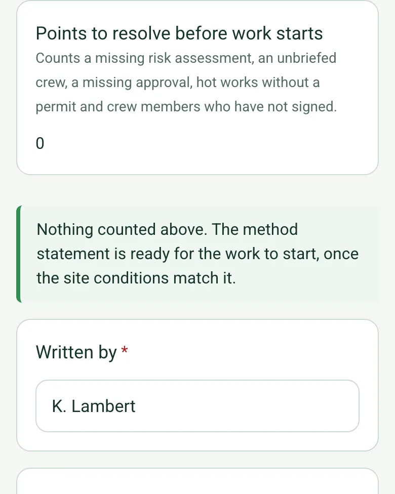 Points to resolve before work starts: 0, with a green note that the method statement is ready for the work to start