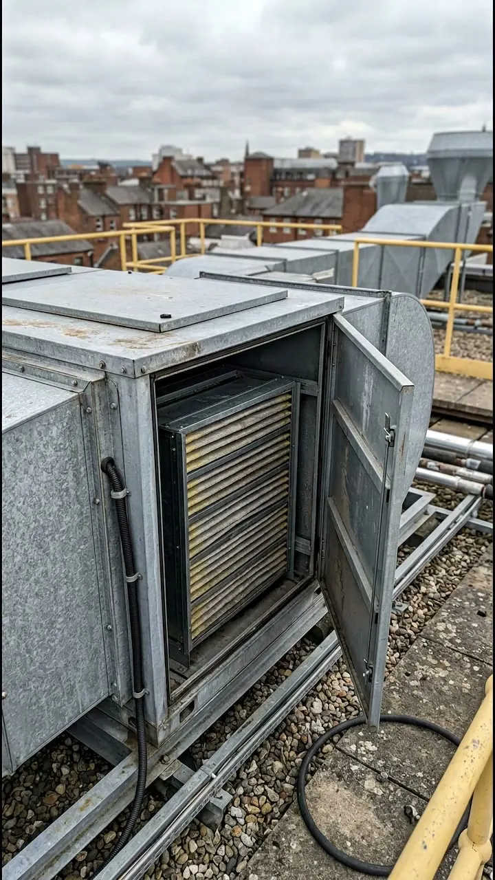 An air handling unit on a roof with its filter section open