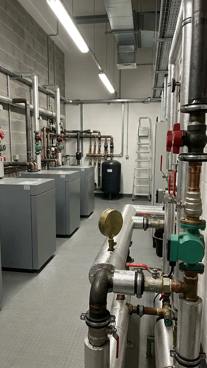 A row of boilers in a basement plant room