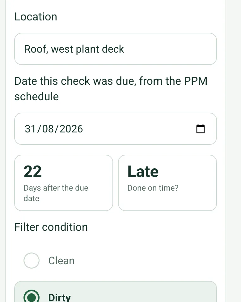 An AHU check due on 31 August 2026, worked out as 22 days after the due date and Late