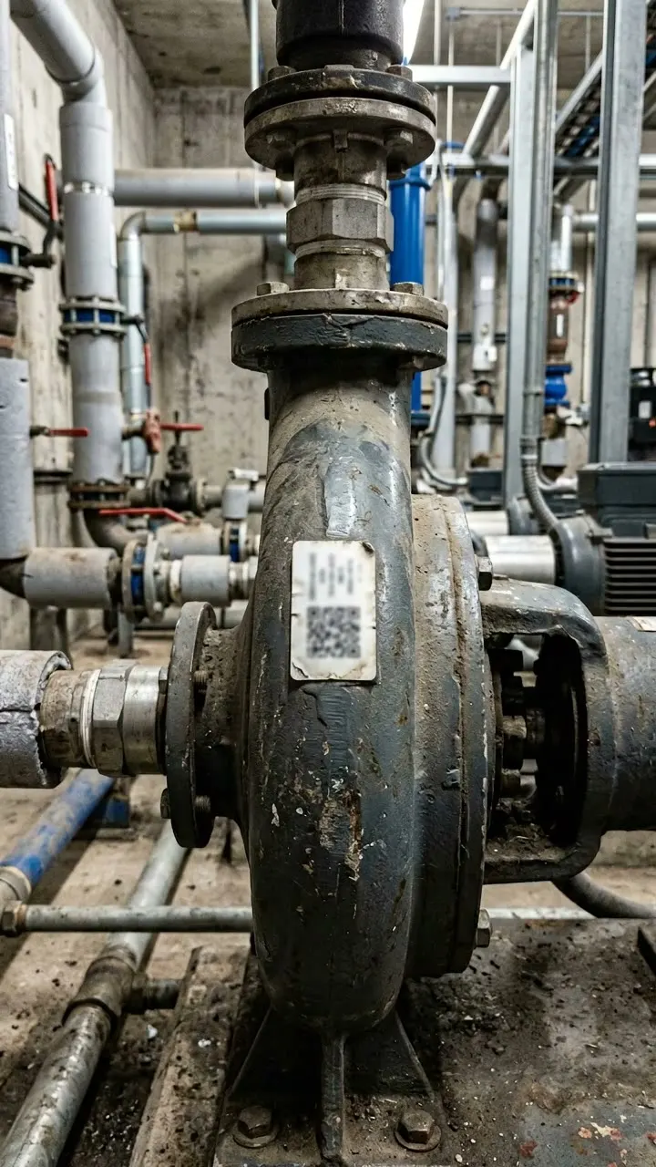 A rusty pump casing in a basement plant room