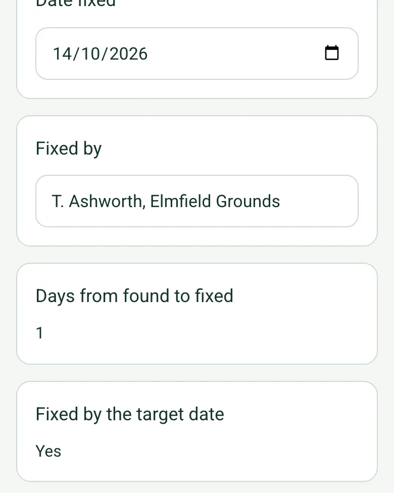 Fixed by T. Ashworth, Days from found to fixed 1 and Fixed by the target date Yes, worked out