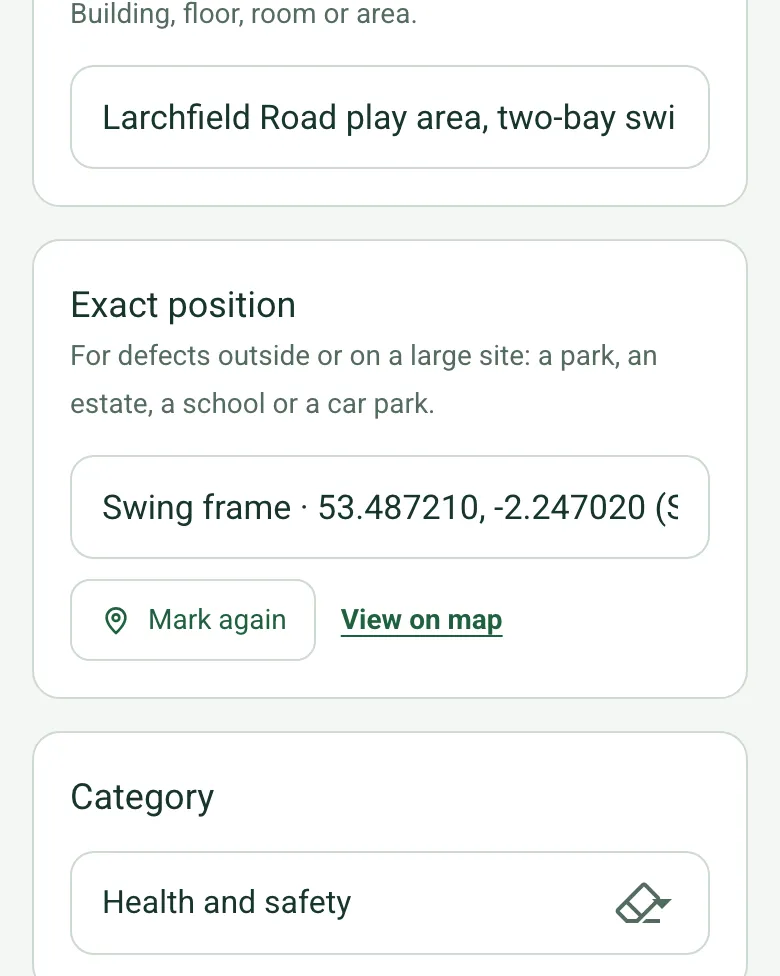 Exact position filled in as Swing frame with GPS coordinates, Mark again and View on map, below the location Larchfield Road play area
