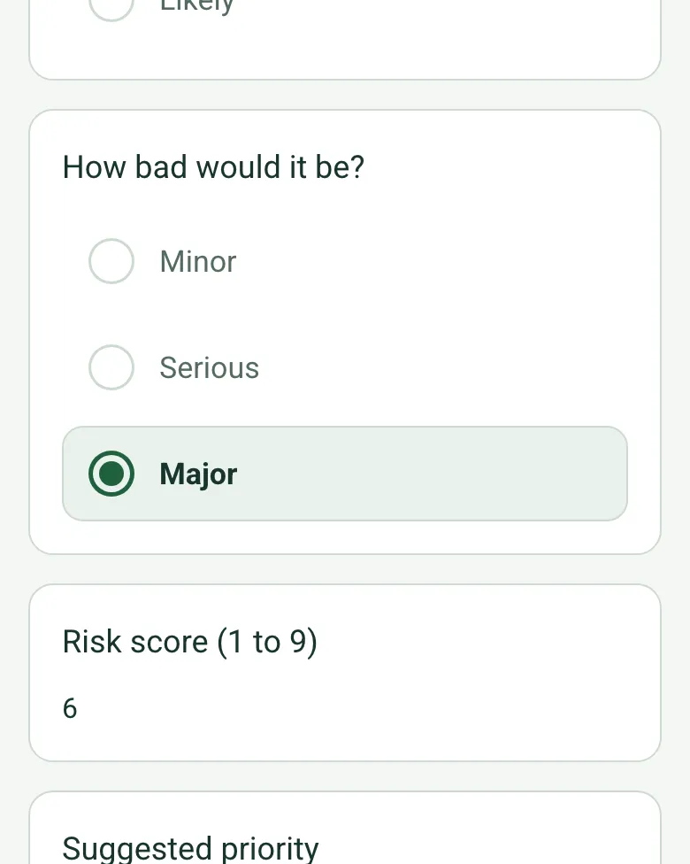 How bad would it be set to Major, Risk score 6 and Suggested priority High or Urgent, worked out
