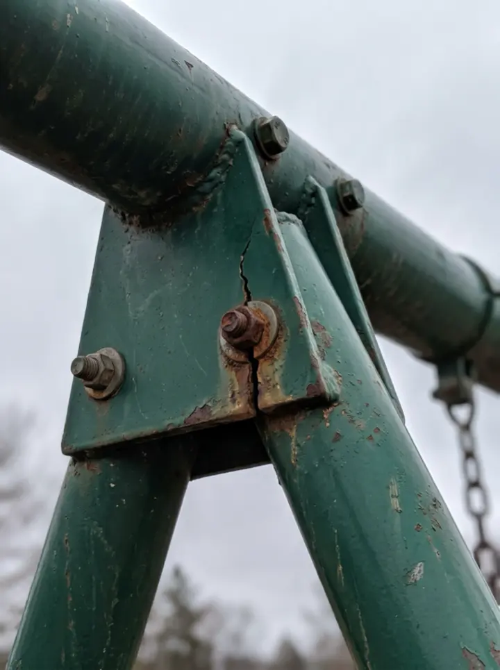 A green steel swing frame bracket cracked through a bolt hole