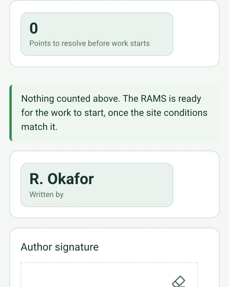Points to resolve before work starts: 0, with a green note that the RAMS is ready for the work to start