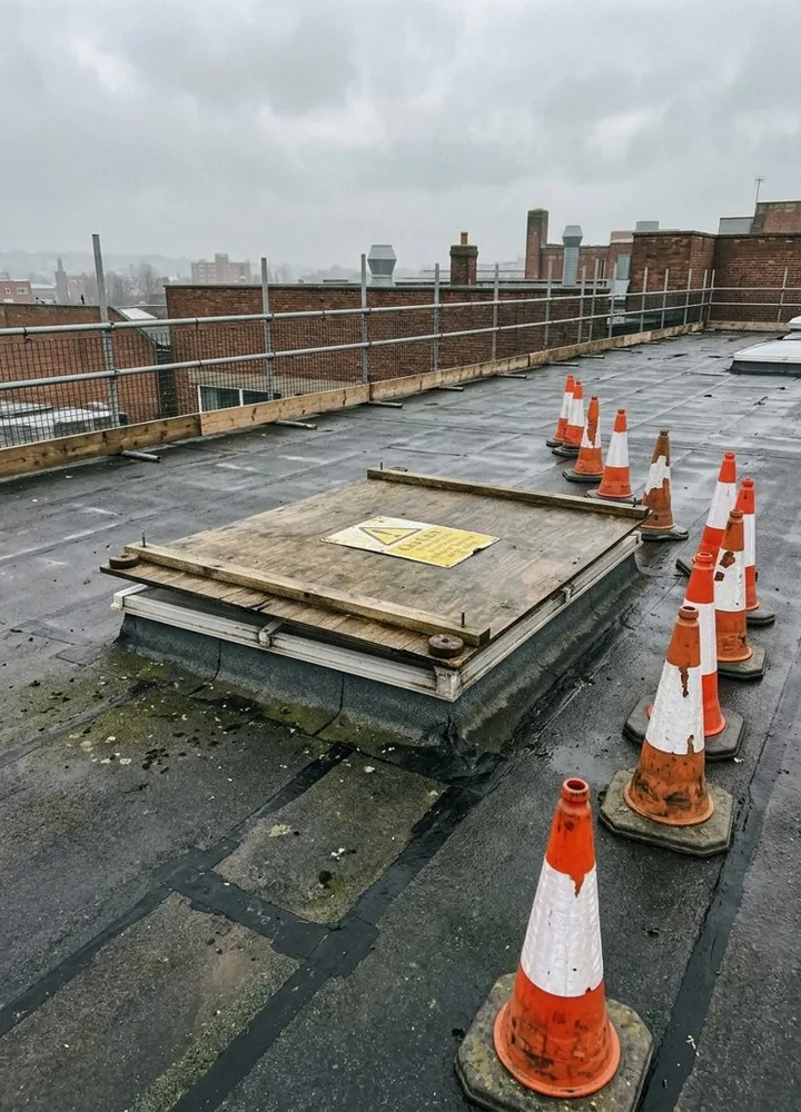 A rooflight on a flat felt roof covered by a fixed timber board with a yellow sign, orange cones marking a route past it