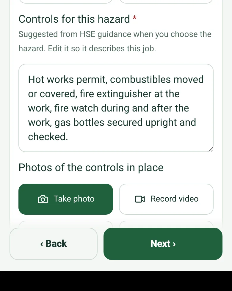 A hazard entry with Hot works chosen and the controls box filled with suggested controls: permit, combustibles moved, extinguisher at the work, fire watch, gas bottles secured