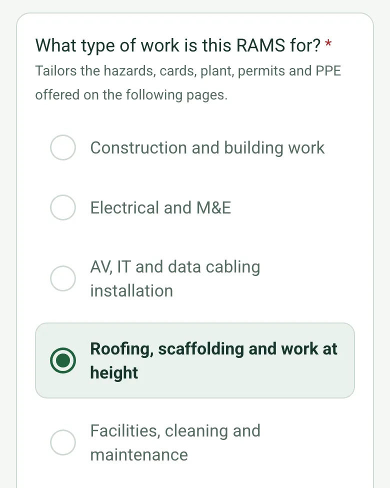 The type of work question set to roofing, scaffolding and work at height, and the hazard list below it showing fragile roofs and skylights, hot works and overhead power lines