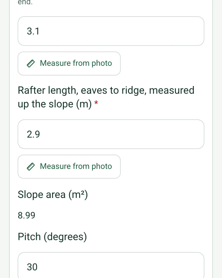 A roof slope in the completed roof measure on a phone: eaves 3.1 m and rafter 2.9 m, each with a Measure from photo button, and Slope area 8.99 m², worked out