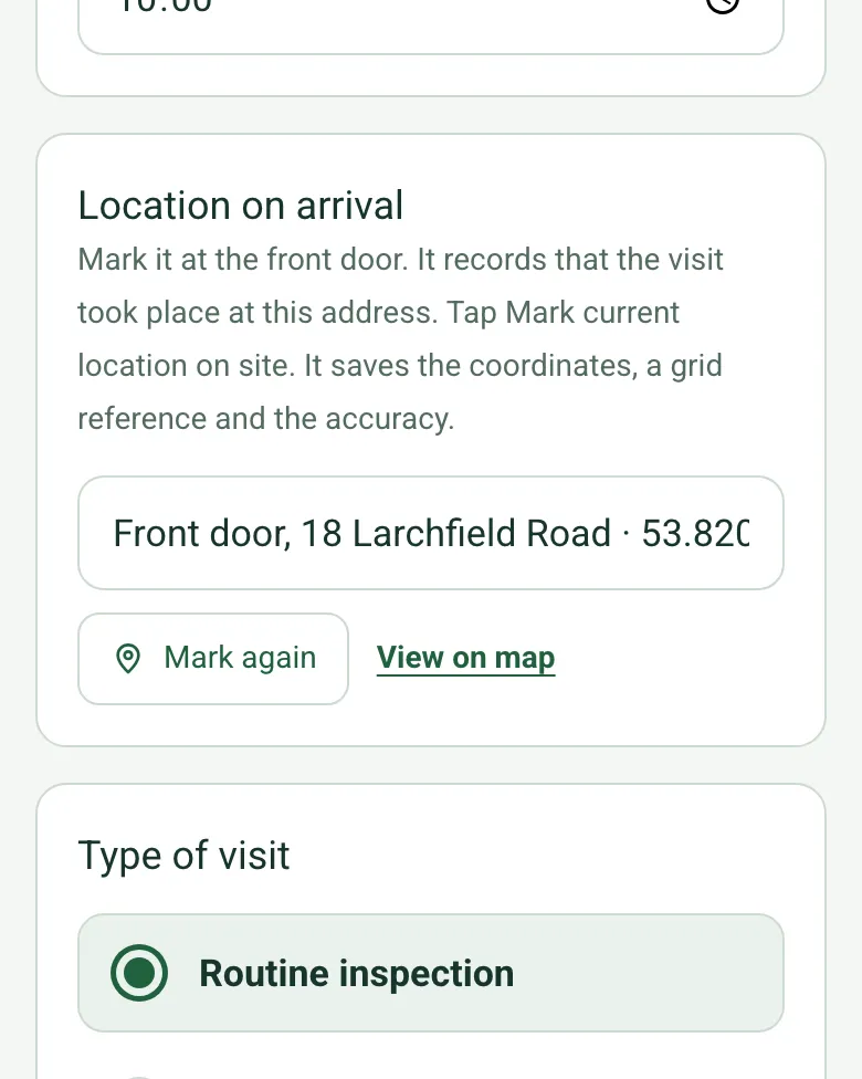 Location on arrival filled in as Front door, 18 Larchfield Road, with GPS coordinates, Mark again and View on map
