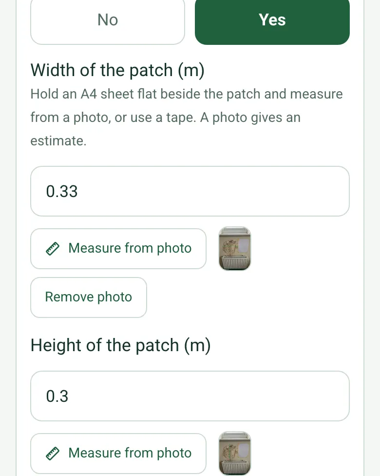 Width of the patch 0.33 m and Height of the patch 0.3 m on a phone, each with a measuring photo thumbnail