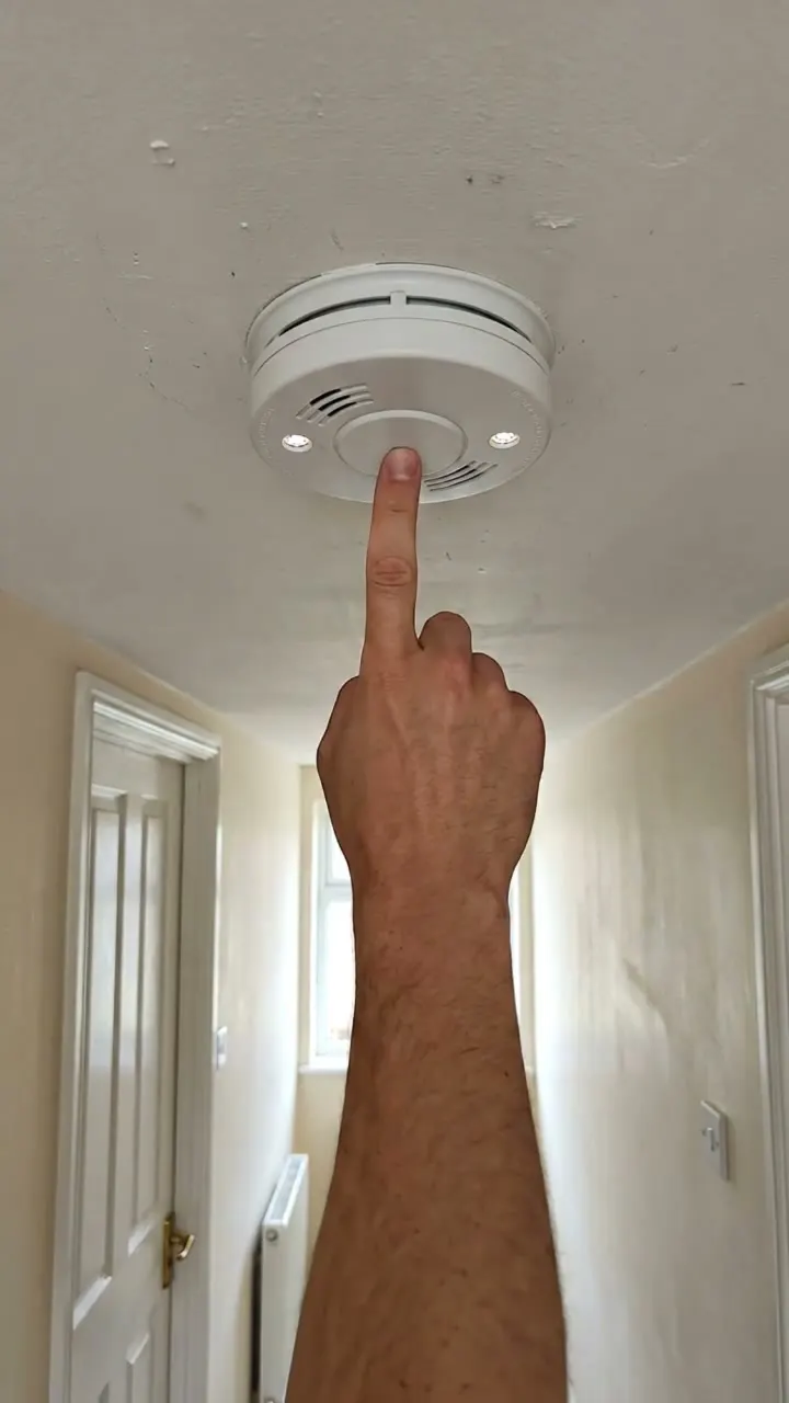 A hand pressing the test button on a ceiling smoke alarm in a hallway