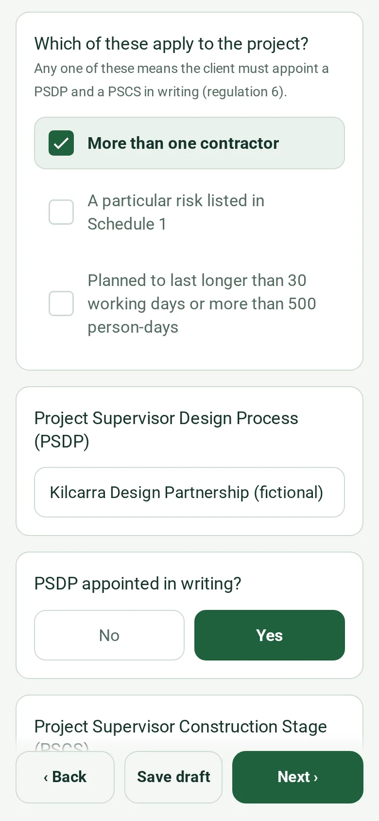 The construction page of the completed safety statement on a phone: the project, the client and the triggers for appointing a PSDP and PSCS