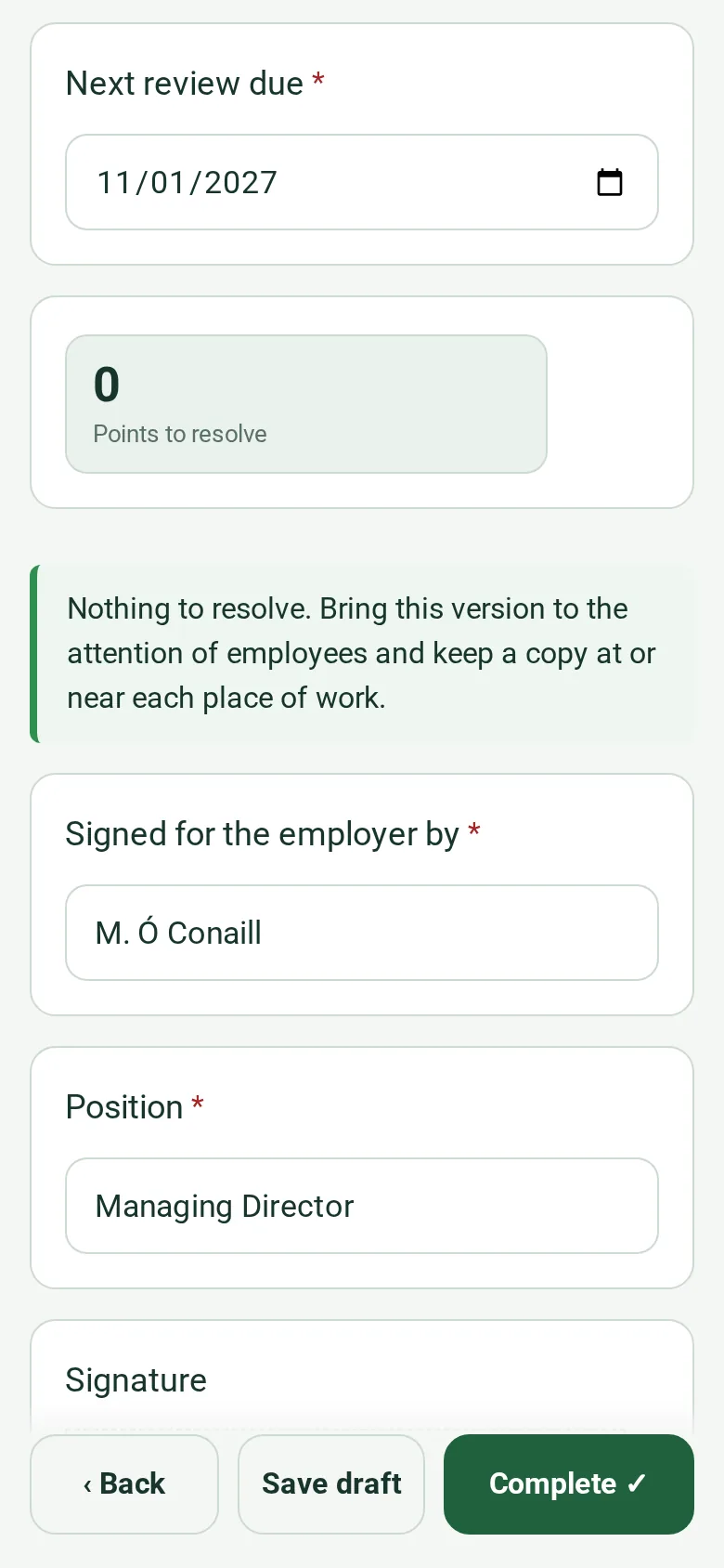 The review page of the completed safety statement on a phone: why this version was reviewed, the next review date and Points to resolve reading 0