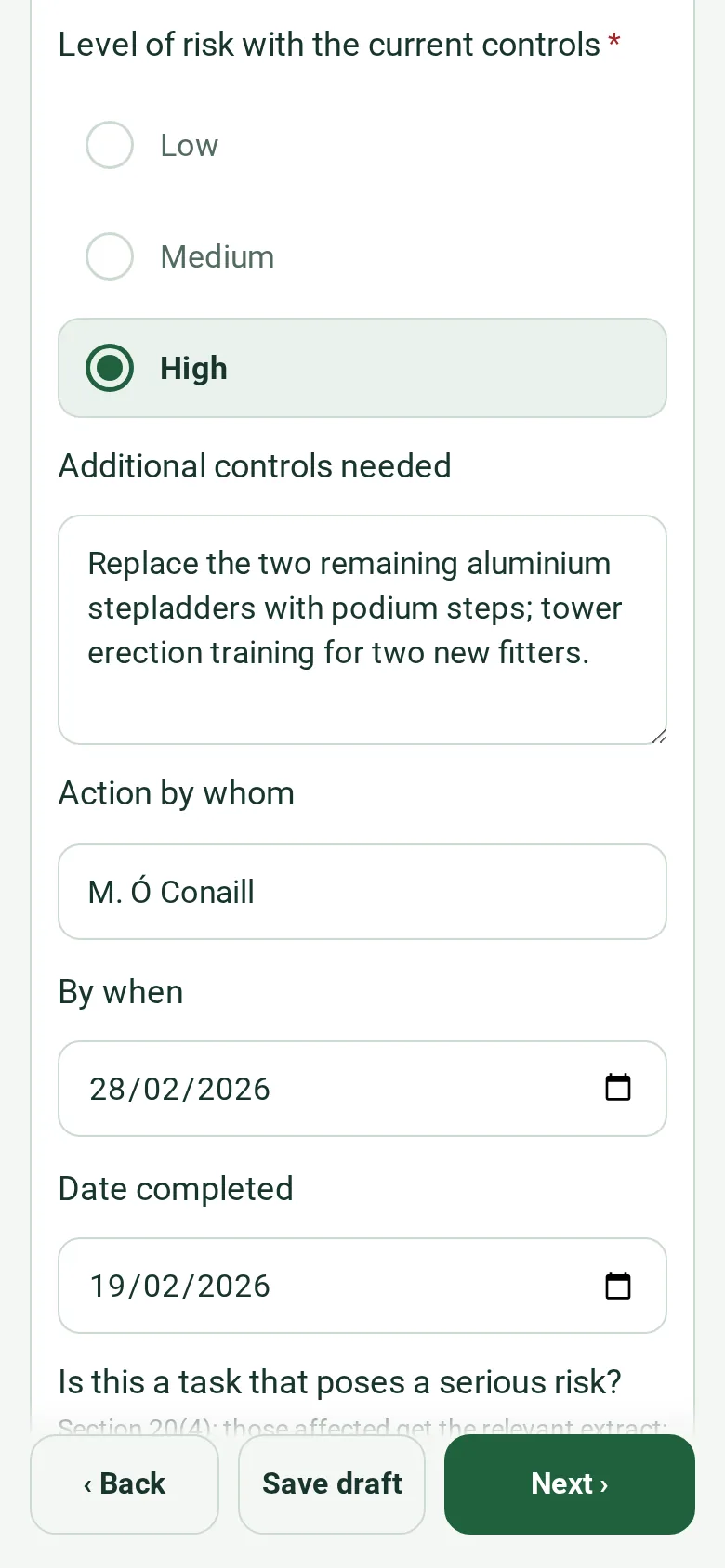 A hazard row in the completed safety statement on a phone: work at height rated High, the additional controls needed, who will do it, by when and the date completed