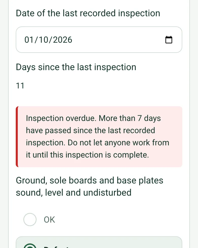 A mobile tower in the scaffold register on a phone: last inspection 1 October, 11 days since, with a red note that the inspection is overdue