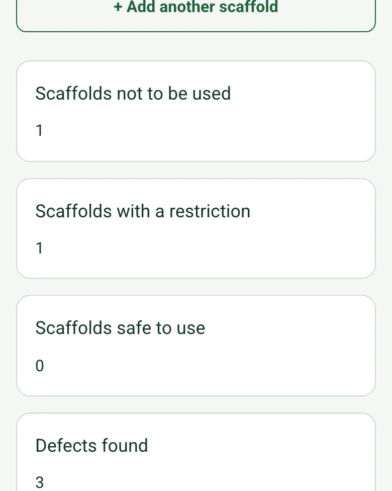The scaffold register totals on a phone: not to be used 1, with a restriction 1, safe to use 0, defects found 3