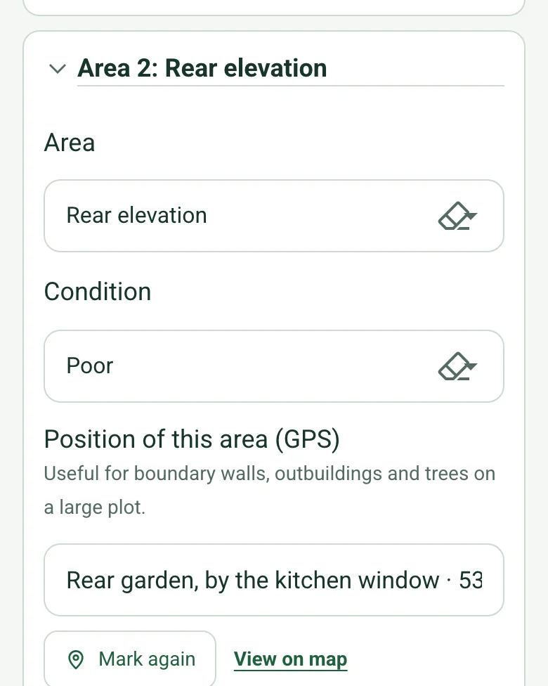 The rear elevation in the completed schedule of condition on a phone: condition Poor and its position filled in by GPS, with Mark again and View on map