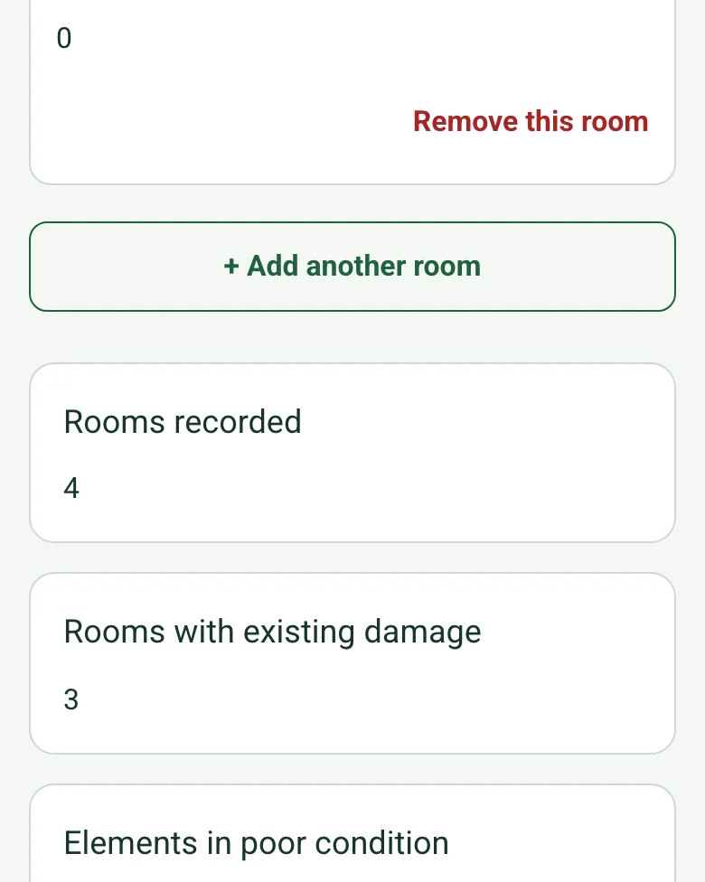 The completed schedule of condition on a phone: Rooms recorded 4 and Rooms with existing damage 3, worked out
