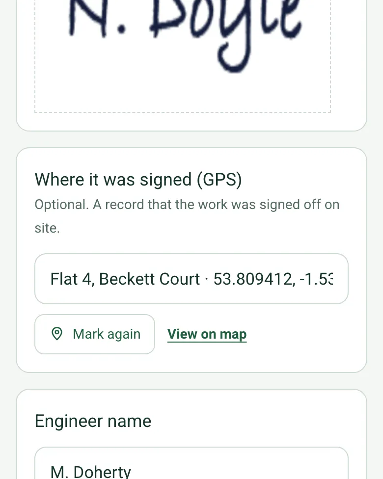 Where it was signed (GPS) filled in with the flat name, coordinates and an OS grid reference, with Mark again and View on map