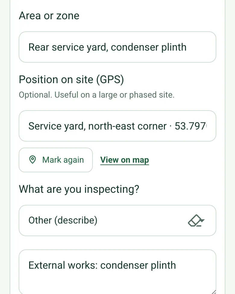 Position on site (GPS) for the rear service yard filled in with coordinates and an OS grid reference
