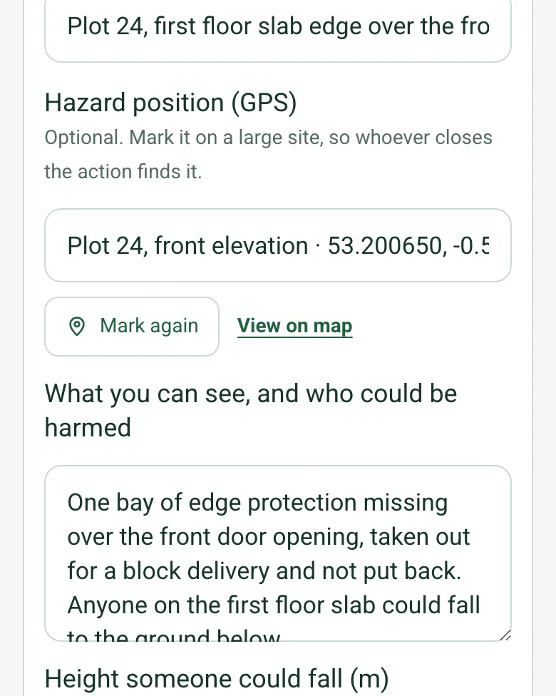 Hazard position (GPS) filled in at plot 24 front elevation with coordinates, Mark again and View on map