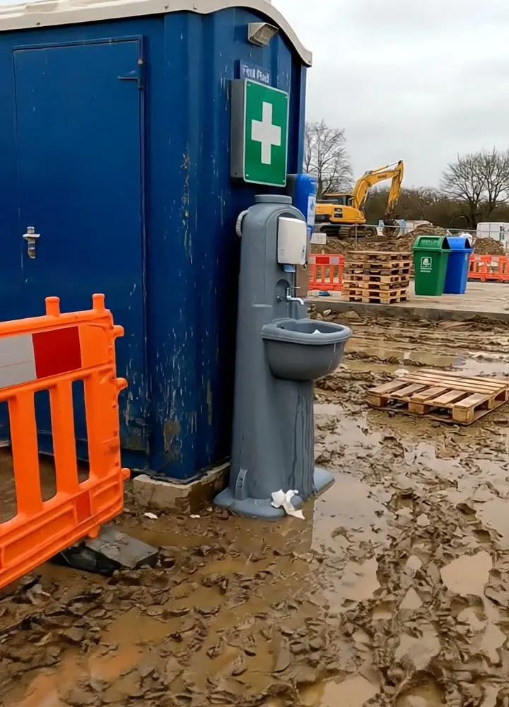 A blue welfare cabin with a hand wash station standing in mud