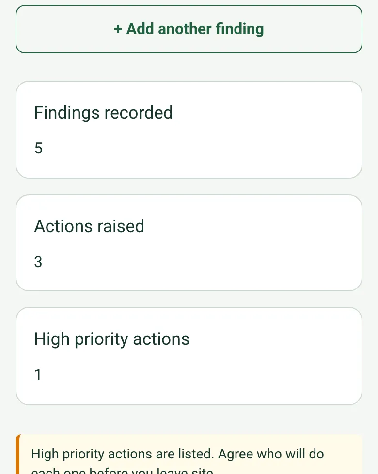 The completed site visit report on a phone: findings recorded 5, actions raised 3, high priority actions 1, with a note to agree who will do each one before leaving site