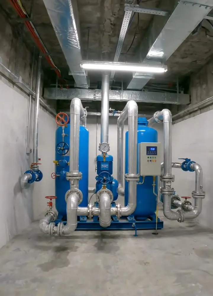A blue cold water booster set with two pumps in a clean basement plant room