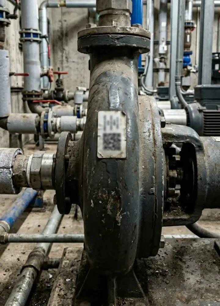 A worn cast iron pump with a QR asset tag among plant room pipework