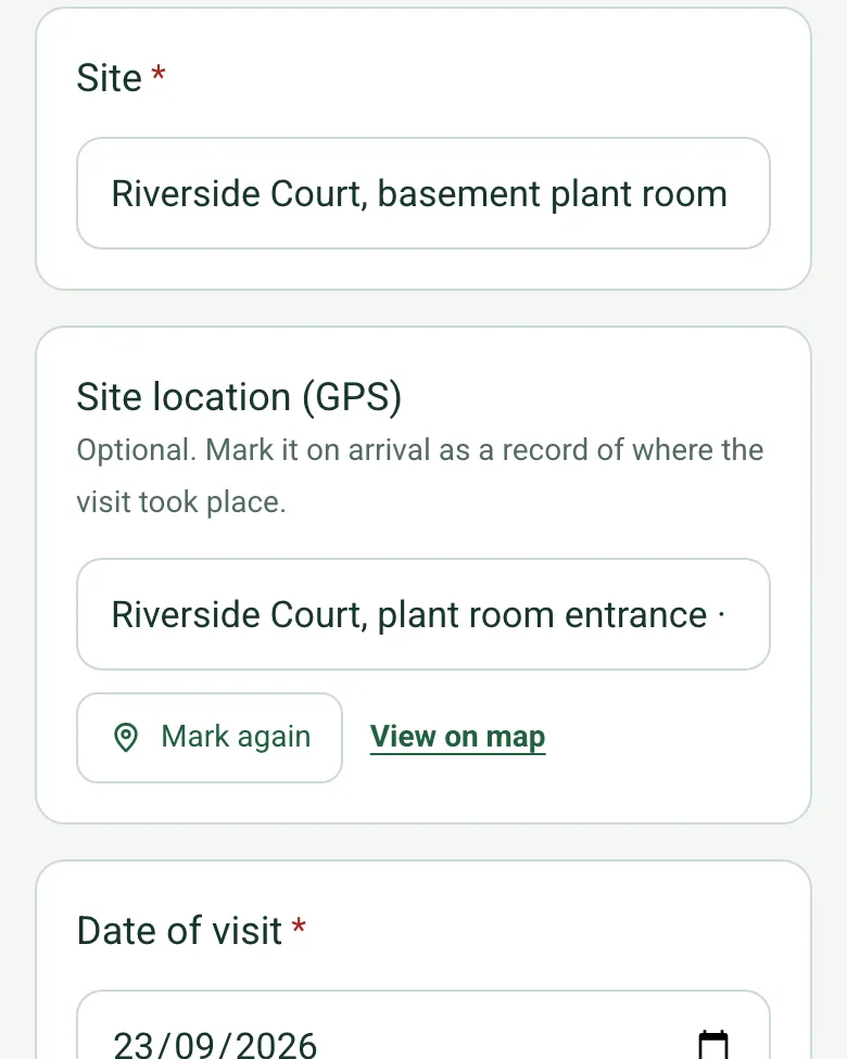 Site location (GPS) filled in at the plant room entrance with coordinates and an OS grid reference