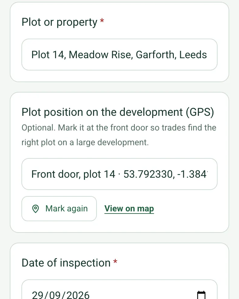 Plot position on the development (GPS) filled in at the front door of plot 14 with coordinates and an OS grid reference, with Mark again and View on map
